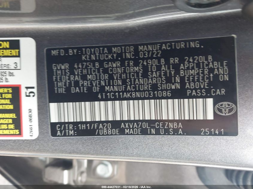 2022 Toyota Camry Le VIN: 4T1C11AK8NU031086 Lot: 44427031