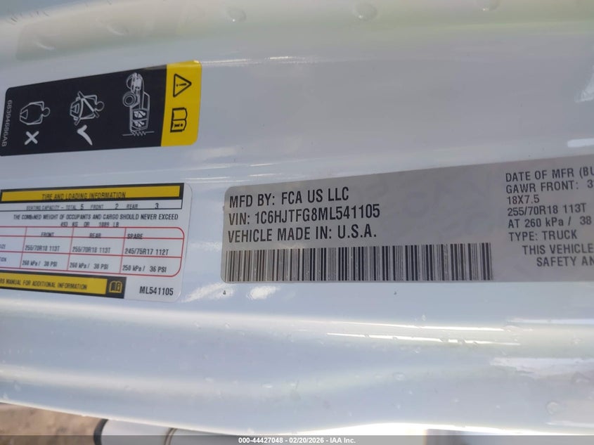 2021 Jeep Gladiator Overland 4X4 VIN: 1C6HJTFG8ML541105 Lot: 44427048