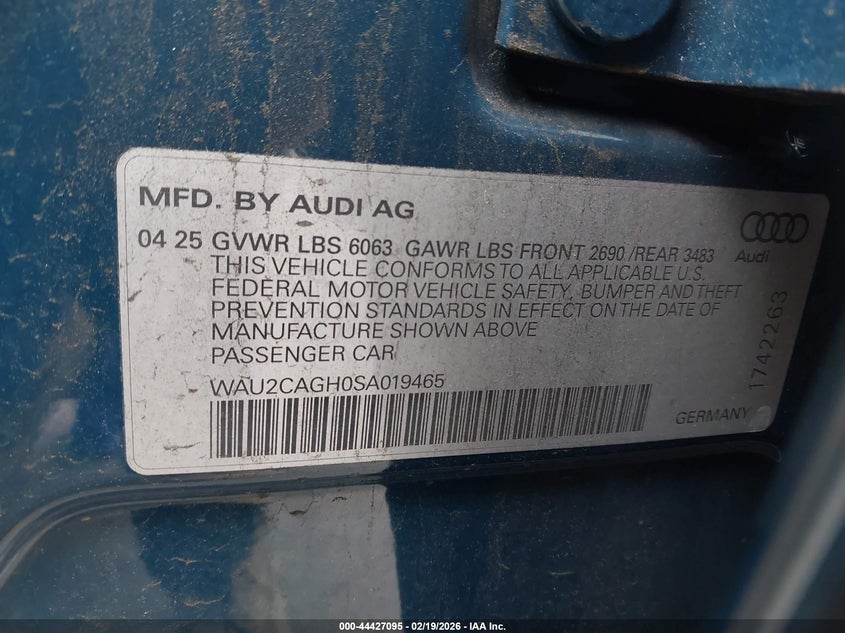 VIN WAU2CAGH0SA019465 2025 AUDI A6 E-TRON PREMIUM PLUS