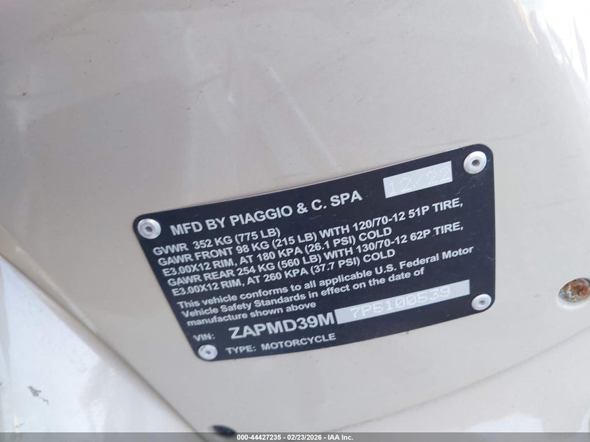 2023 Vespa Gts/Sei Giorni 300 VIN: ZAPMD39M7P5100539 Lot: 44427235