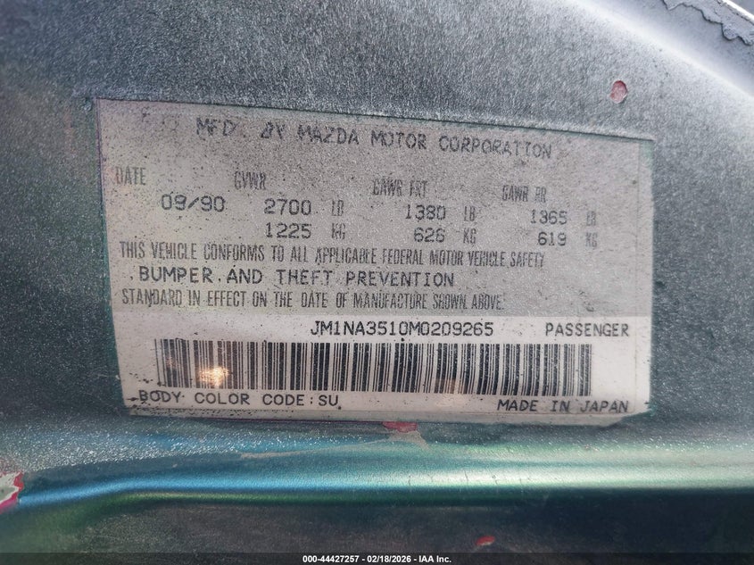1991 Mazda Mx-5 Miata VIN: JM1NA3510M0209265 Lot: 44427257