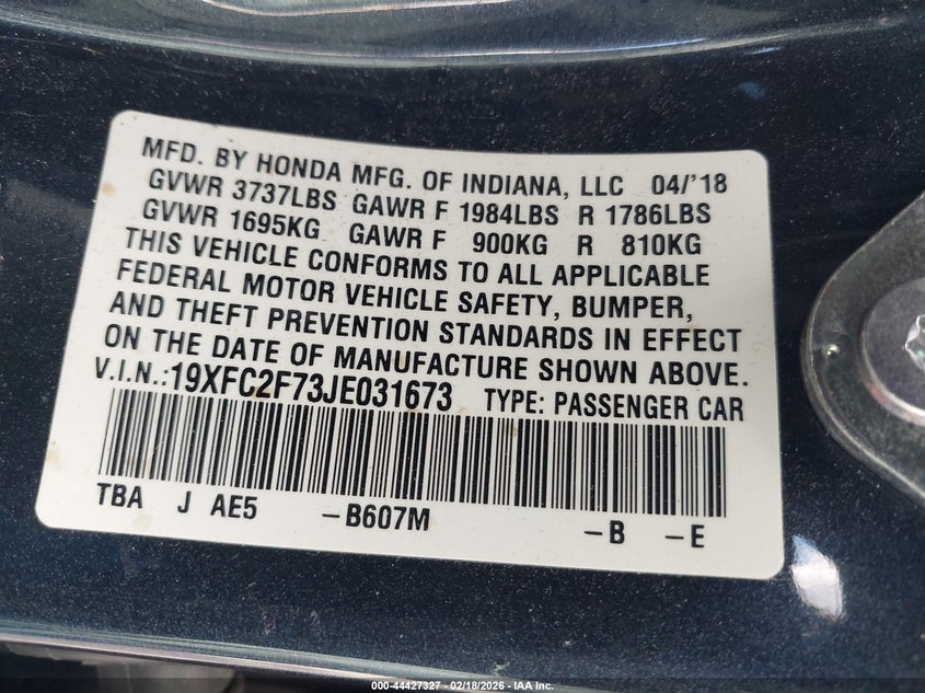 2018 Honda Civic Ex VIN: 19XFC2F73JE031673 Lot: 44427327