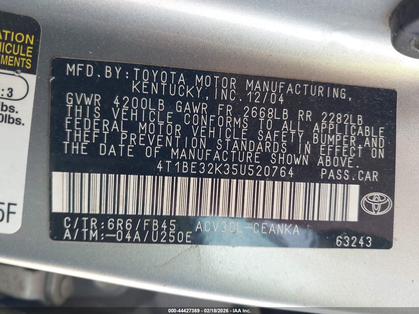 2005 Toyota Camry Le VIN: 4T1BE32K35U520764 Lot: 44427369