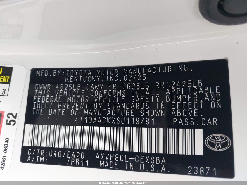 VIN 4T1DAACKXSU119781 2025 TOYOTA CAMRY SE