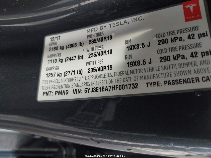 2017 Tesla Model 3 Long Range/Standard VIN: 5YJ3E1EA7HF001732 Lot: 44427508