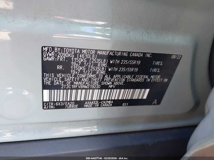 VIN 2T3C1RFV8NW219230 2022 TOYOTA RAV4 XLE PREMIUM