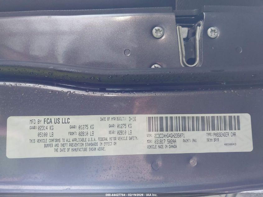 2016 Dodge Charger Sxt VIN: 2C3CDXHG4GH235071 Lot: 44427784