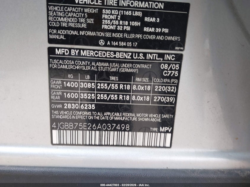 2006 Mercedes-Benz Ml 500 4Matic VIN: 4JGBB75E26A037498 Lot: 44427803