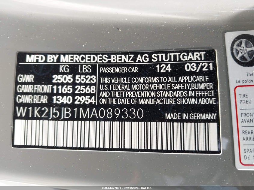 2021 Mercedes-Benz Cls 450 VIN: W1K2J5JB1MA089330 Lot: 44427831