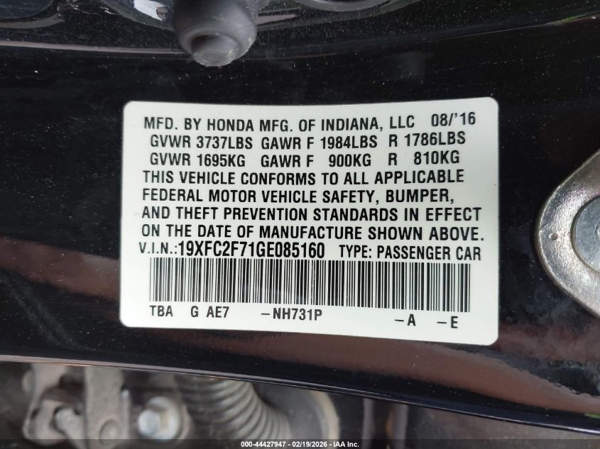 2016 Honda Civic Ex VIN: 19XFC2F71GE085160 Lot: 44427947