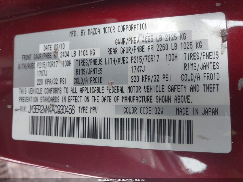 2010 Mazda Cx-7 I Sport VIN: JM3ER2WM4A0330458 Lot: 44427997
