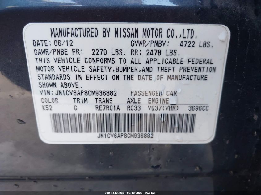 2012 Infiniti G37 Journey VIN: JN1CV6AP8CM936882 Lot: 44428236