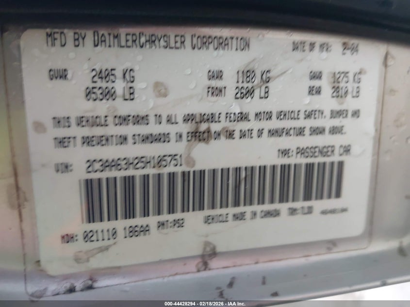 2005 Chrysler 300C VIN: 2C3AA63H25H105751 Lot: 44428294