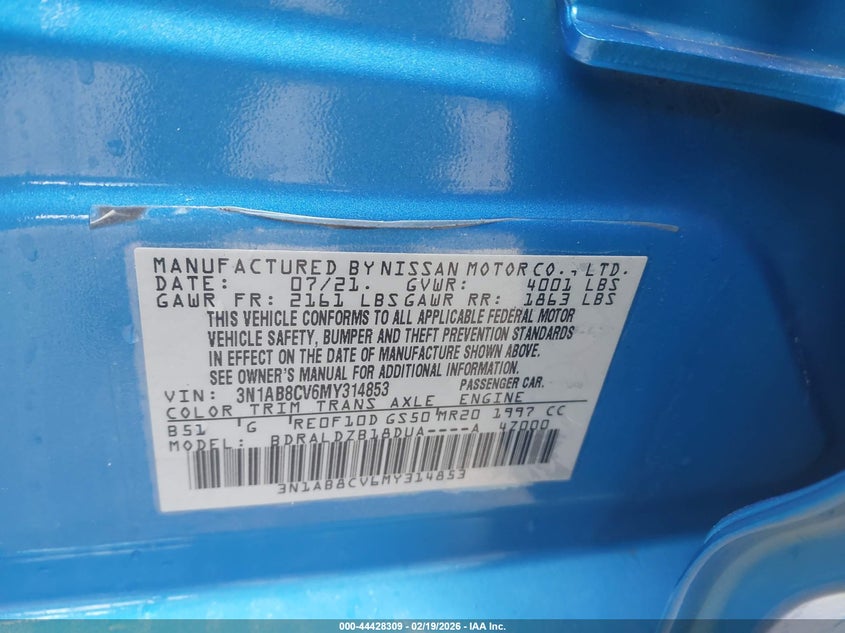 VIN 3N1AB8CV6MY314853 2021 NISSAN SENTRA SV XTRONIC CVT