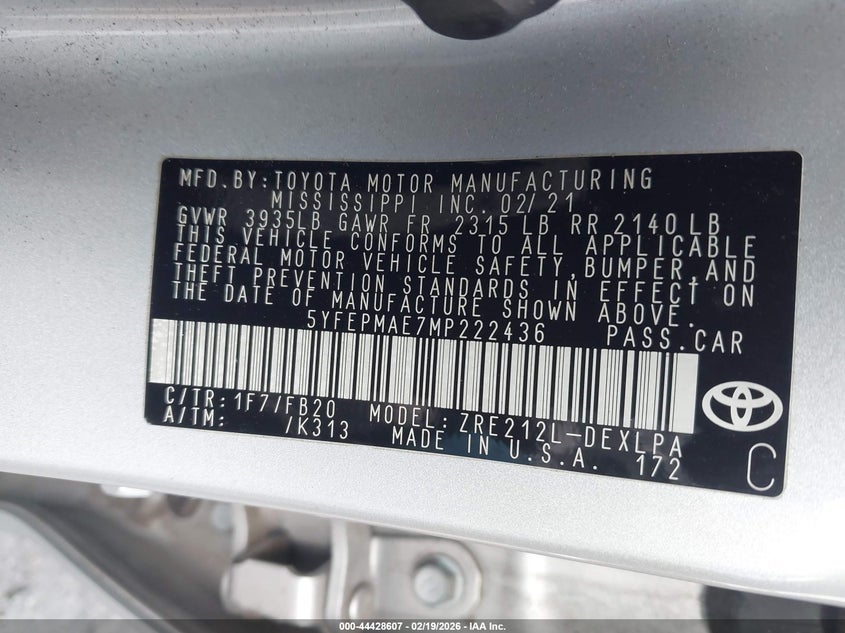 VIN 5YFEPMAE7MP222436 2021 TOYOTA COROLLA LE