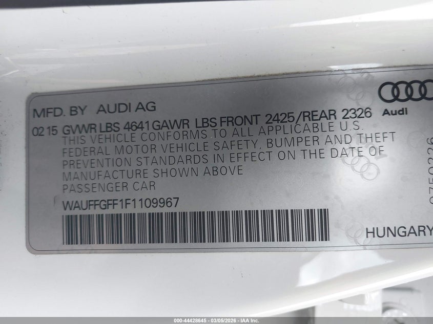 2015 Audi S3 2.0T Premium Plus VIN: WAUFFGFF1F1109967 Lot: 44428645