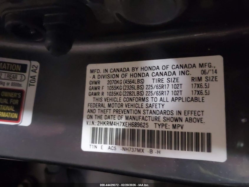 2014 Honda Cr-V Ex-L VIN: 2HKRM4H7XEH689625 Lot: 44429372