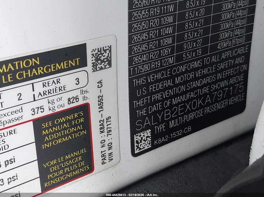 2019 Land Rover Range Rover Velar P250 S VIN: SALYB2EX0KA797175 Lot: 44429413