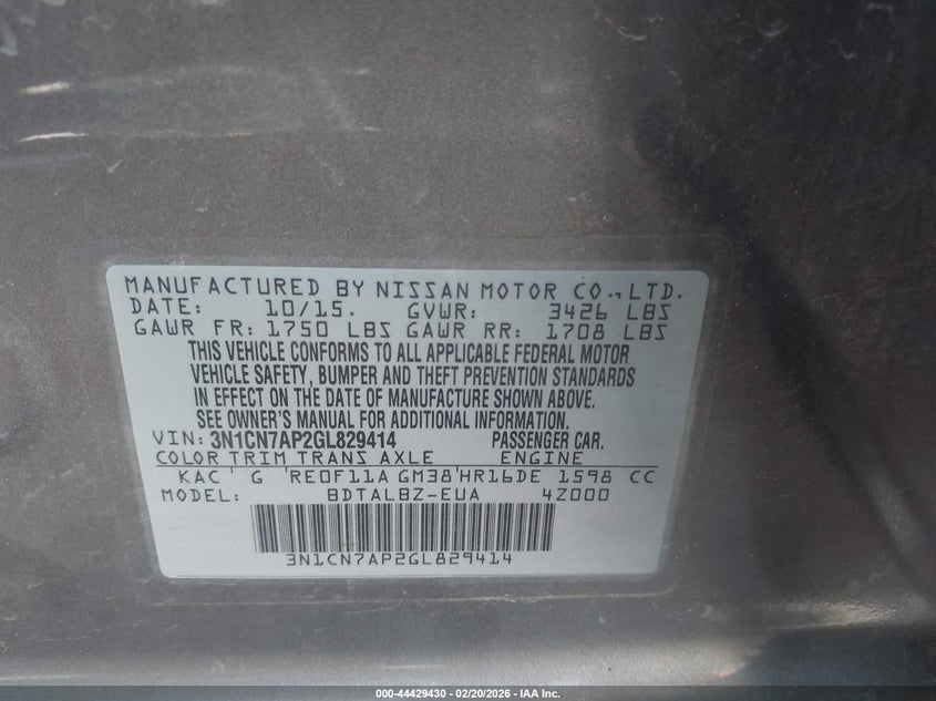 2016 Nissan Versa 1.6 S/1.6 S+/1.6 Sl/1.6 Sv VIN: 3N1CN7AP2GL829414 Lot: 44429430