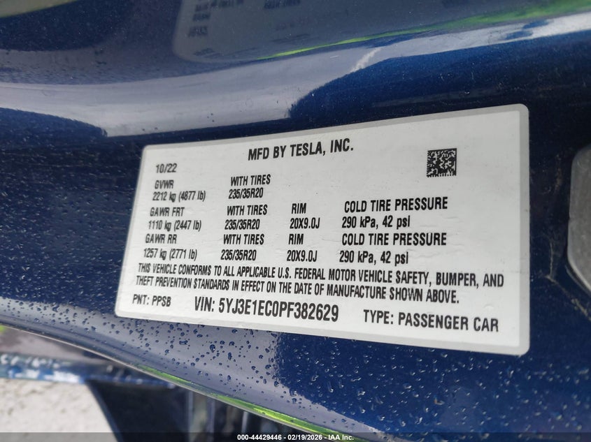 2023 Tesla Model 3 Performance Dual Motor All-Wheel Drive VIN: 5YJ3E1EC0PF382629 Lot: 44429446