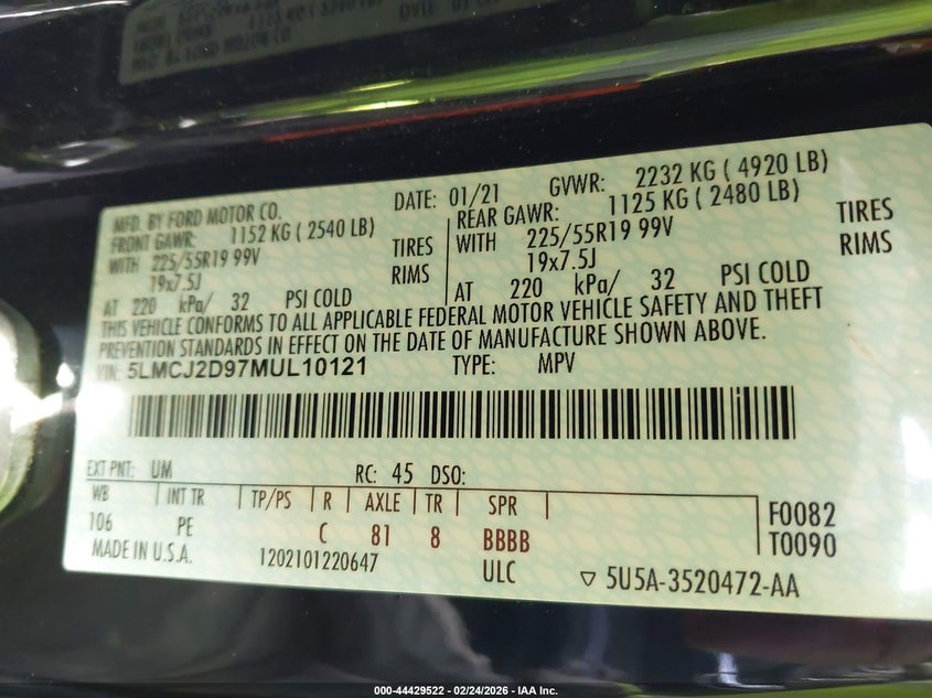 2021 Lincoln Corsair Reserve VIN: 5LMCJ2D97MUL10121 Lot: 44429522