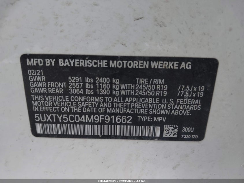 2021 BMW X3 xDrive30I VIN: 5UXTY5C04M9F91662 Lot: 44429629