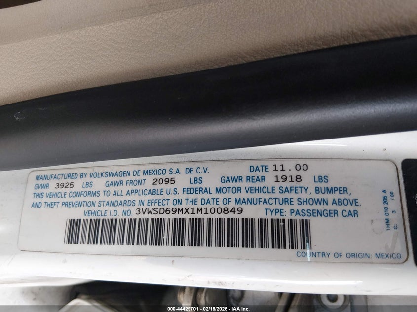 2001 Volkswagen Jetta Gls 1.8L Turbo VIN: 3VWSD69MX1M100849 Lot: 44429701
