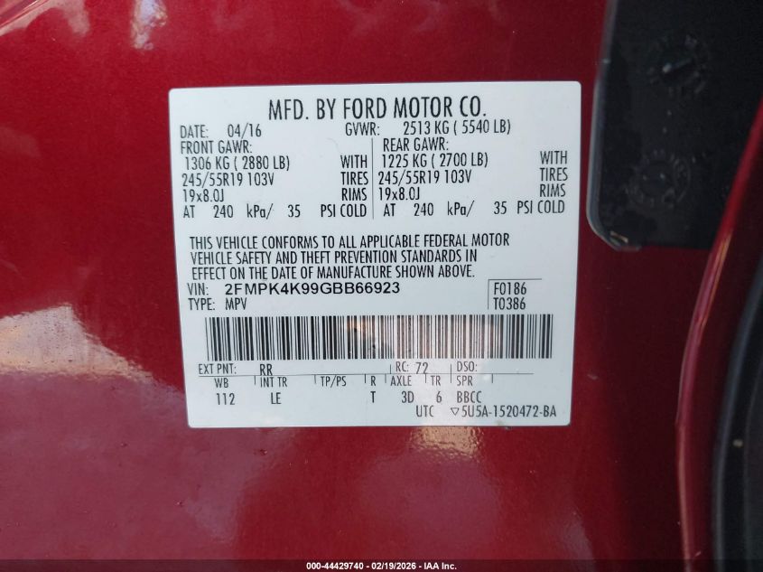 2016 Ford Edge Titanium VIN: 2FMPK4K99GBB66923 Lot: 44429740