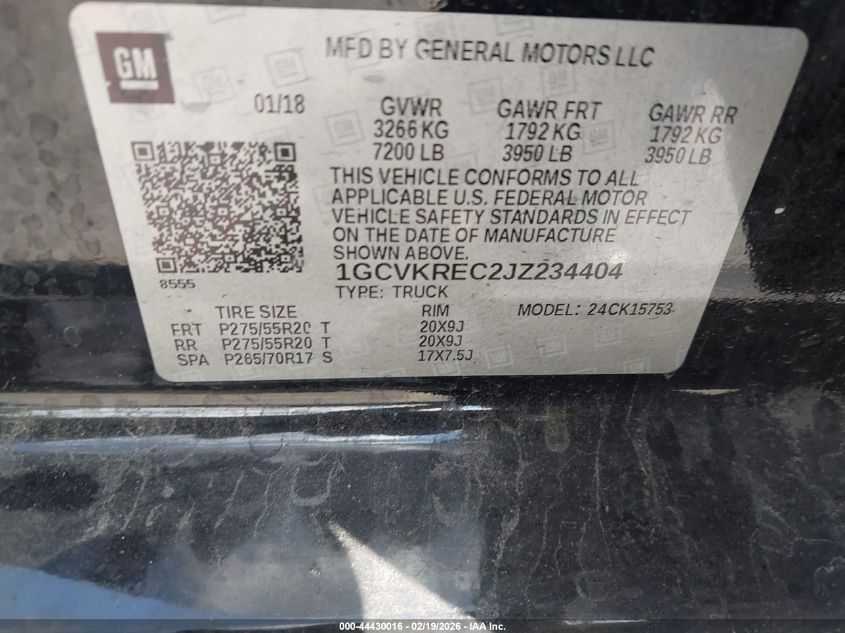 2018 Chevrolet Silverado 1500 1Lt VIN: 1GCVKREC2JZ234404 Lot: 44430016