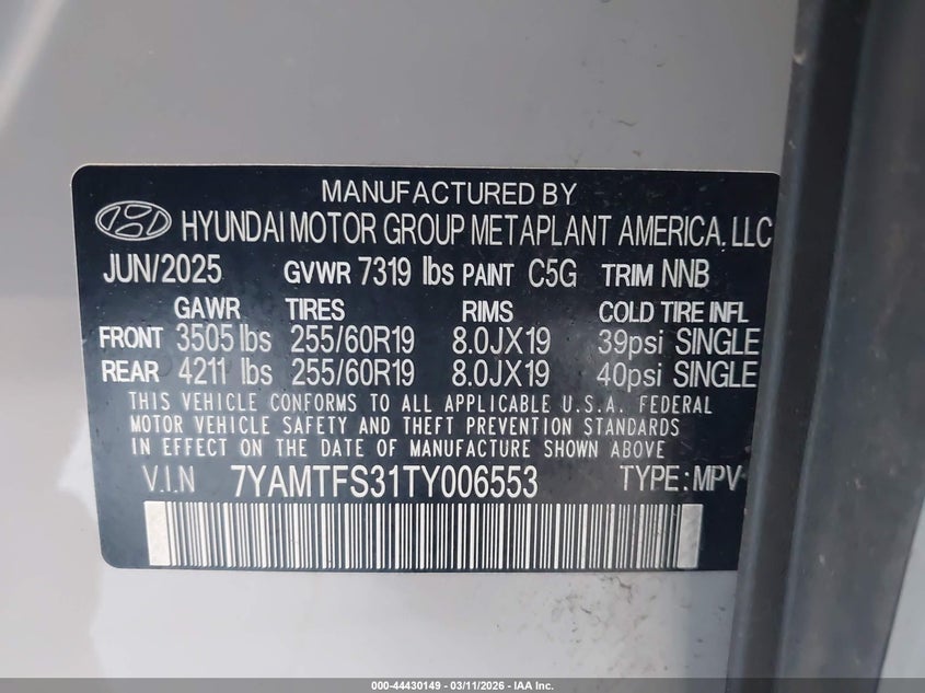 2026 Hyundai Ioniq 9 Se VIN: 7YAMTFS31TY006553 Lot: 44430149