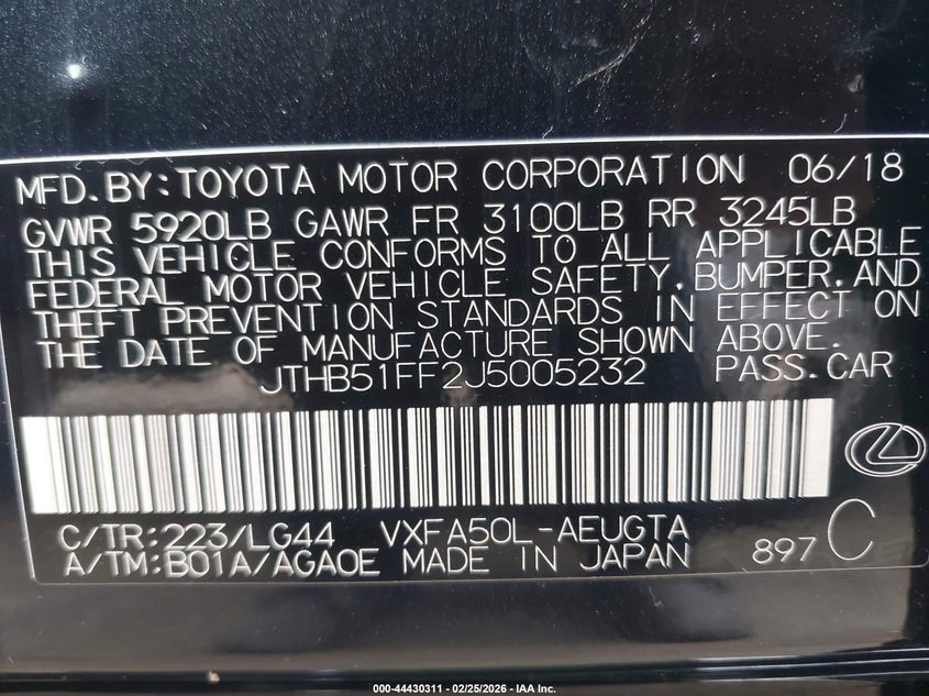 2018 Lexus Ls 500 VIN: JTHB51FF2J5005232 Lot: 44430311