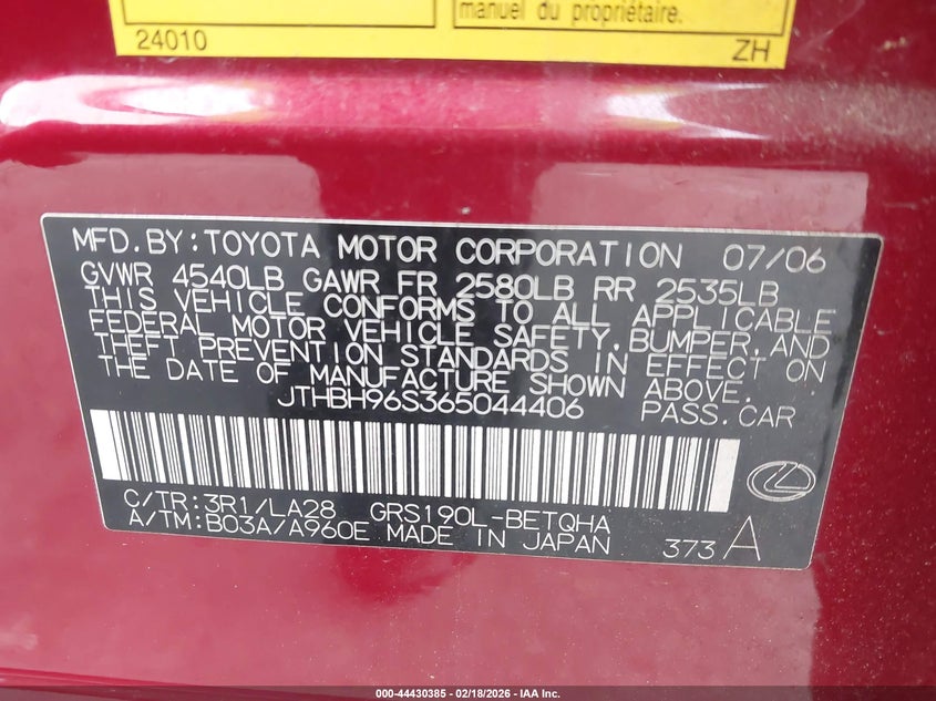 2006 Lexus Gs 300 VIN: JTHBH96S365044406 Lot: 44430385