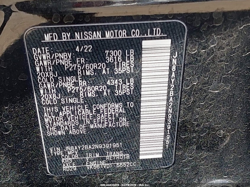 2022 Nissan Armada Sl 2Wd VIN: JN8AY2BA2N9391951 Lot: 44430409