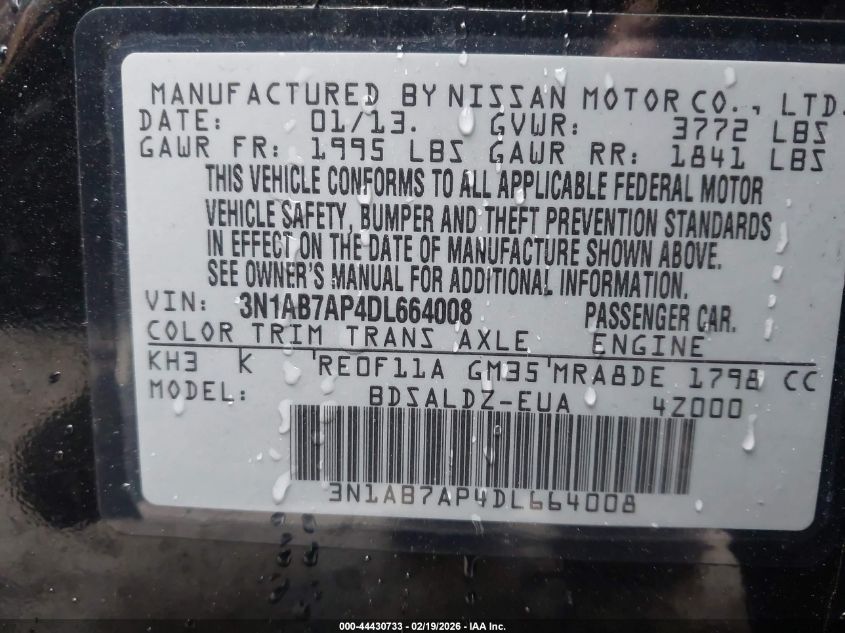 2013 Nissan Sentra Sv VIN: 3N1AB7AP4DL664008 Lot: 44430733