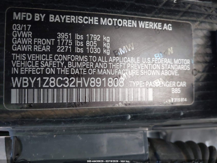 2017 BMW I3 94 Ah W/Range Extender VIN: WBY1Z8C32HV891808 Lot: 44430829