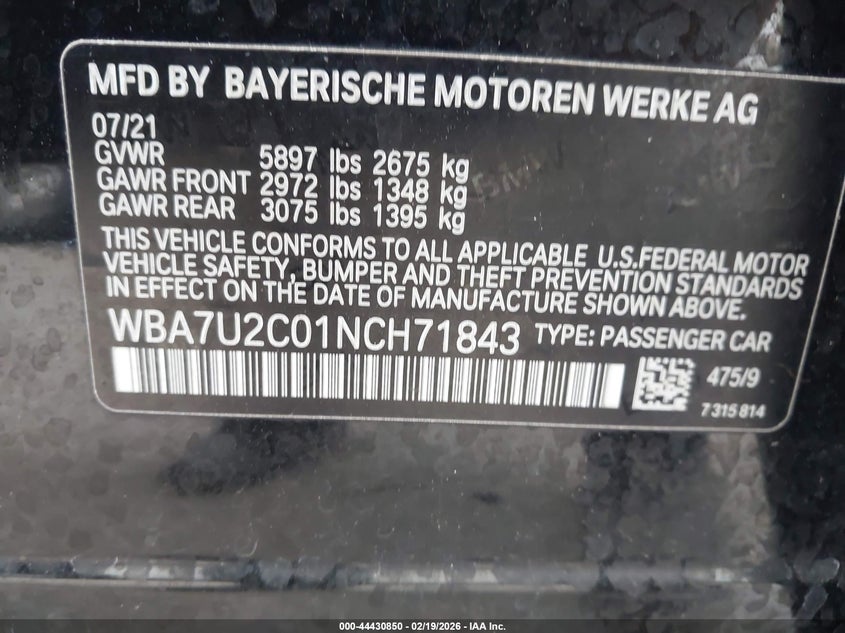 2022 BMW 750 I xDrive VIN: WBA7U2C01NCH71843 Lot: 44430850