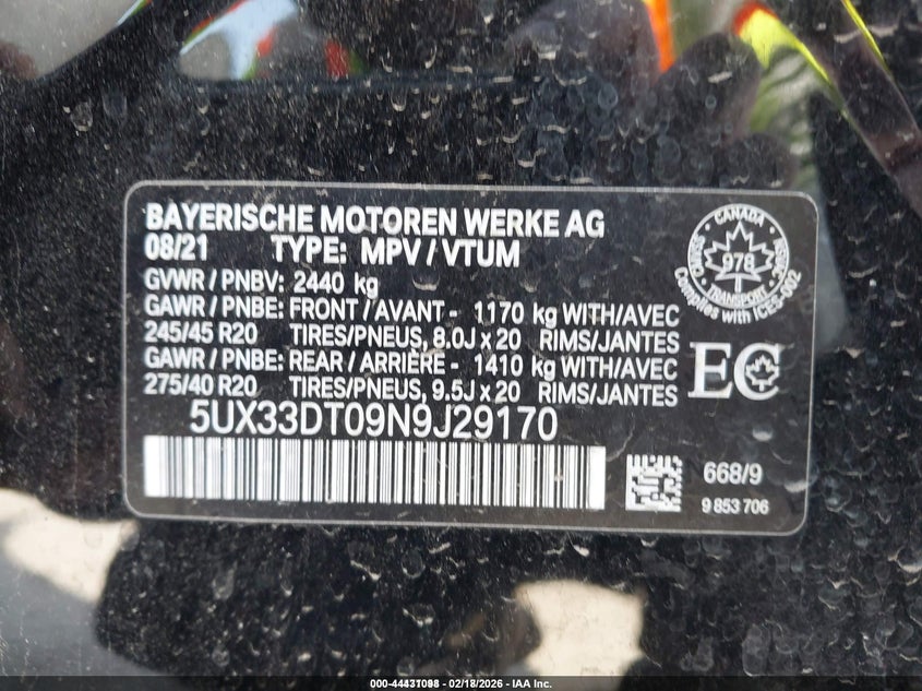 2022 BMW X4 xDrive30I VIN: 5UX33DT09N9J29170 Lot: 44431098