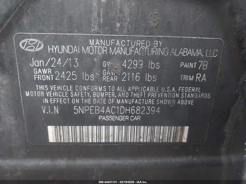 2013 Hyundai Sonata Gls VIN: 5NPEB4AC1DH682394 Lot: 44431131