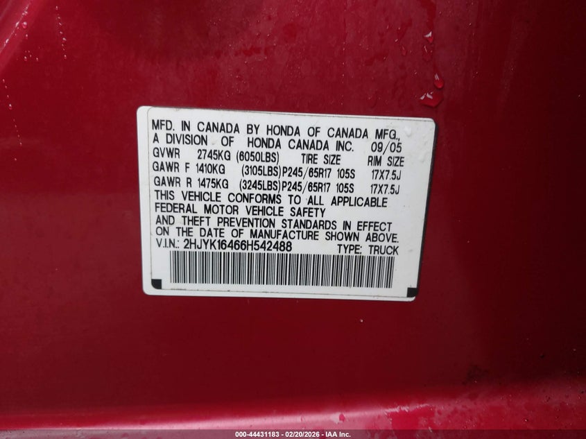 2006 Honda Ridgeline Rts VIN: 2HJYK16466H542488 Lot: 44431183