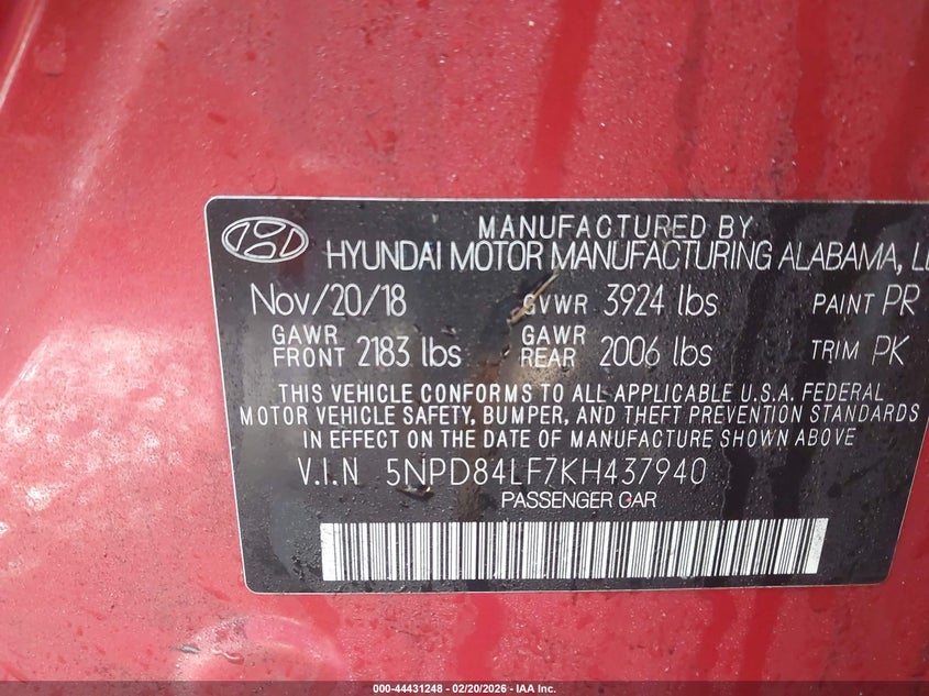 2019 Hyundai Elantra Sel VIN: 5NPD84LF7KH437940 Lot: 44431248