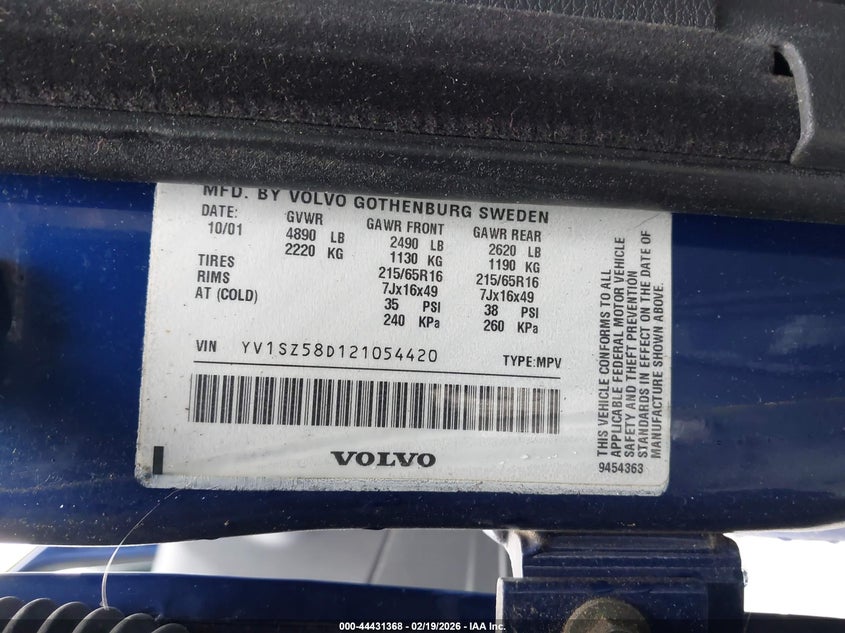 2002 Volvo V70 Xc VIN: YV1SZ58D121054420 Lot: 44431368