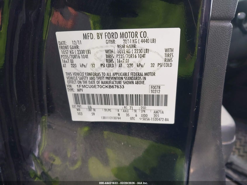 2012 Ford Escape 2.5 Limited black Lot 111044431633 Vin 1FMCU0E70CKB67633