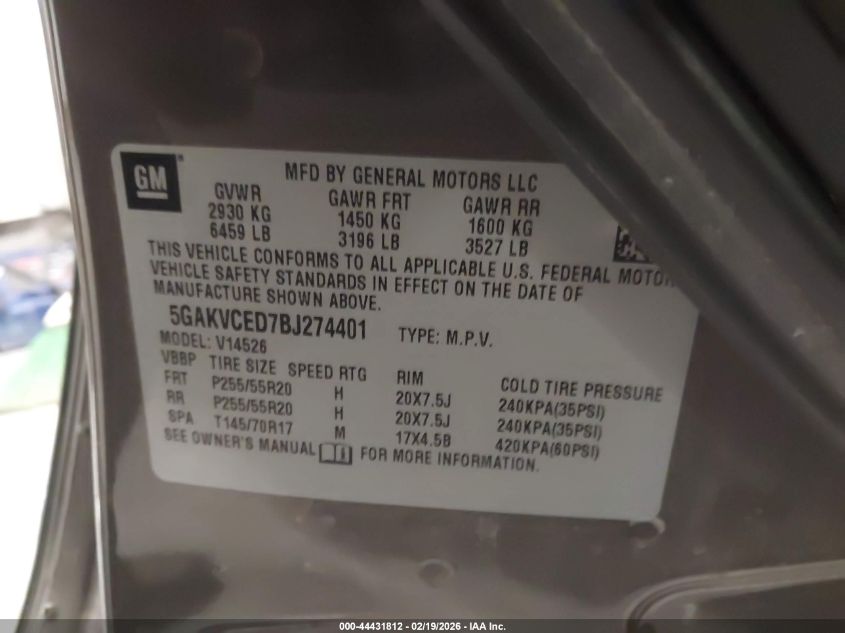 2011 Buick Enclave 2Xl VIN: 5GAKVCED7BJ274401 Lot: 44431812