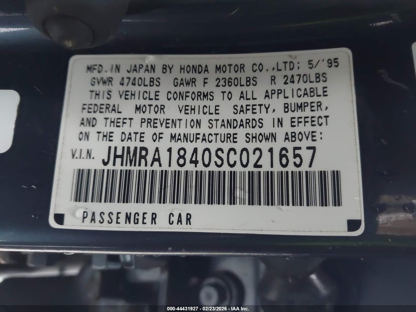 1995 Honda Odyssey Lx/Ex VIN: JHMRA1840SC021657 Lot: 44431927