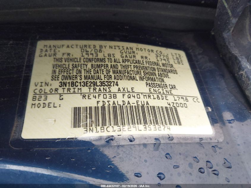 2009 Nissan Versa 1.8S VIN: 3N1BC13E29L353274 Lot: 44432107