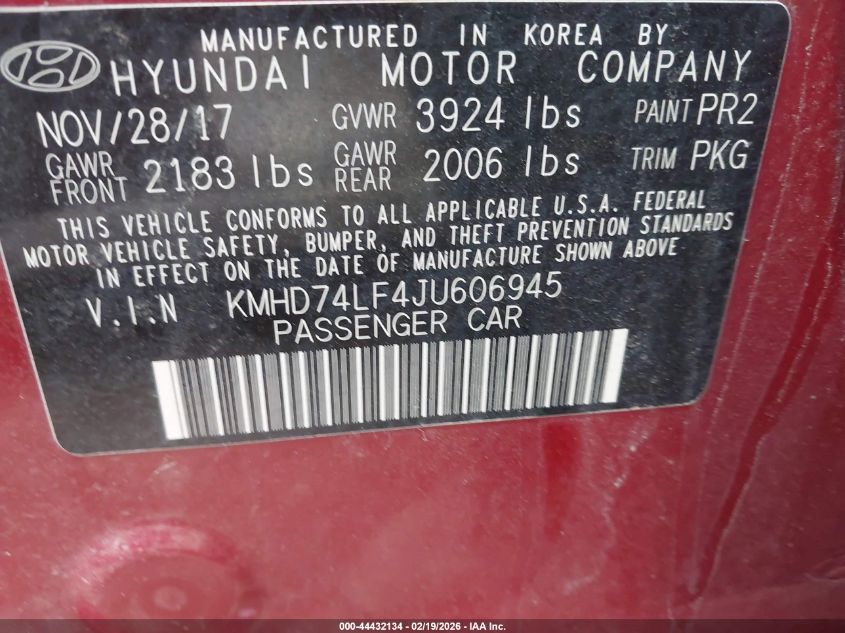 2018 Hyundai Elantra Se VIN: KMHD74LF4JU606945 Lot: 44432134
