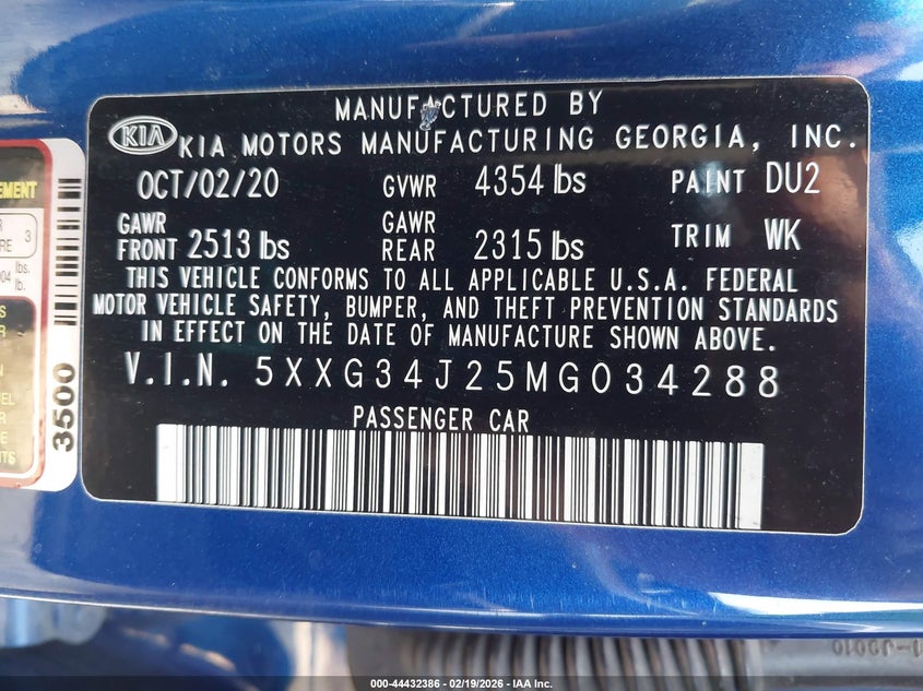 2021 Kia K5 Ex VIN: 5XXG34J25MG034288 Lot: 44432386