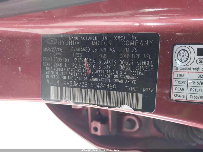 2006 Hyundai Tucson Gl VIN: KM8JM72B16U434490 Lot: 44432545