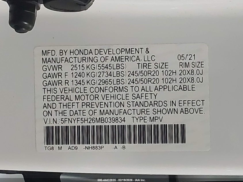 VIN 5FNYF5H26MB039834 2021 HONDA PILOT 2WD SPECIAL EDITION