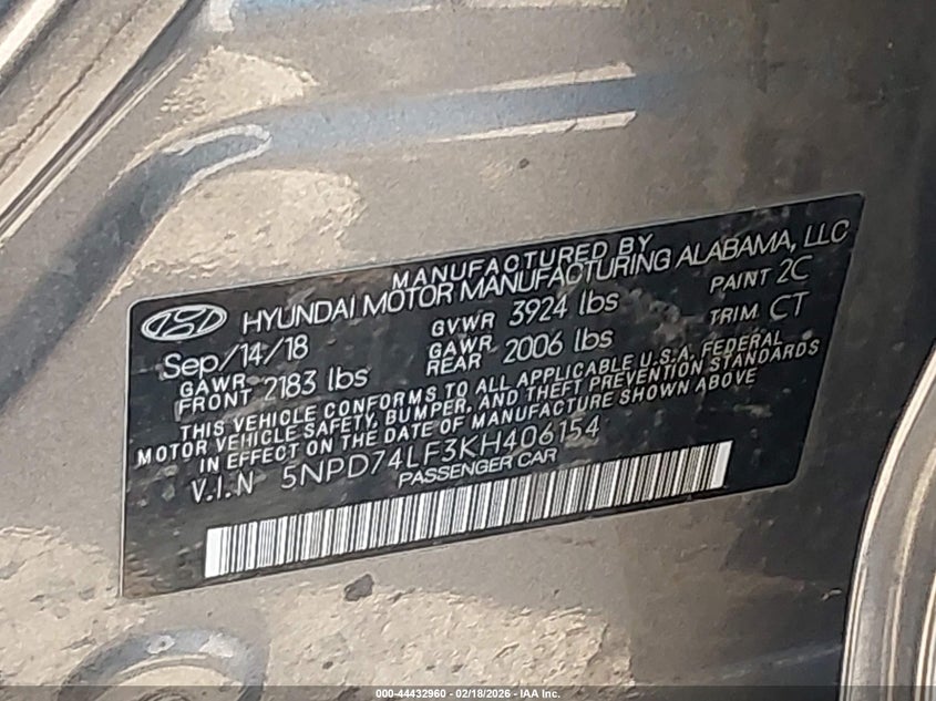 2019 Hyundai Elantra Se VIN: 5NPD74LF3KH406154 Lot: 44432960